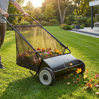 Push Lawn Sweeper 26 Inch 7 Cu Ft Leaf Collector with Adjustable Height Manual Grass Sweeper for Yard Garden