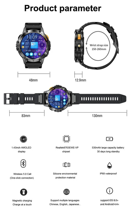 AMOLED Smartwatch – Bluetooth Calling Fitness Tracker with Waterproof Design