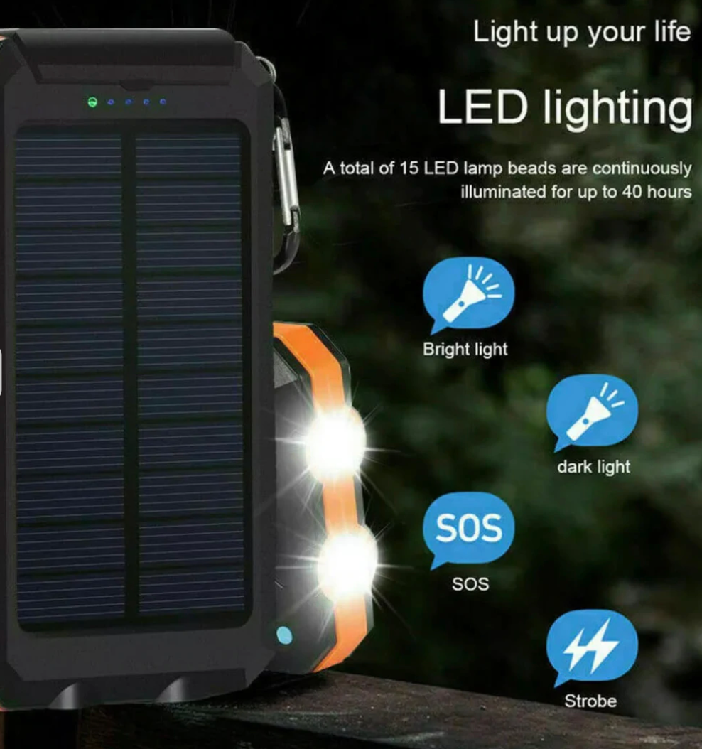 Solar Power Bank – 500000mAh Portable Waterproof Outdoor Charger with Dual USB & LED Light
