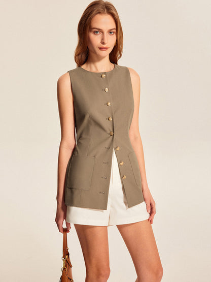Asymmetric Button Pocket Detail Vest