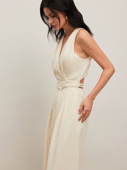 Back Button Halter Jumpsuit With Belted Waist