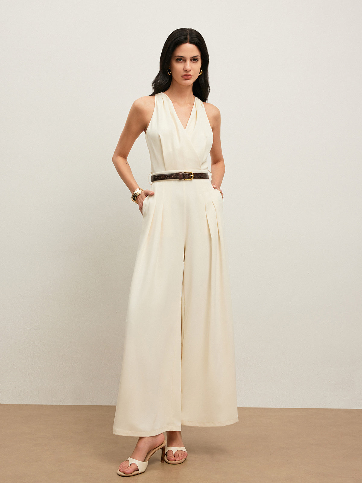 Back Button Halter Jumpsuit With Belted Waist