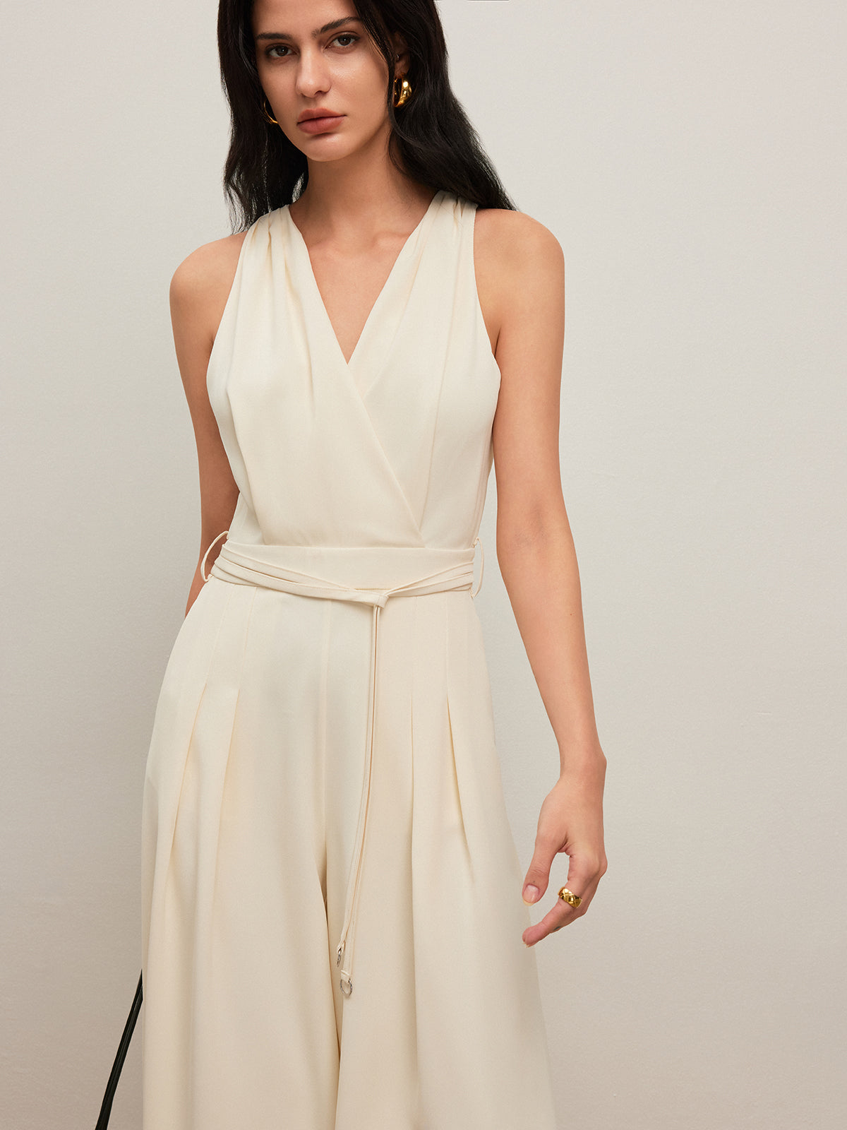 Back Button Halter Jumpsuit With Belted Waist