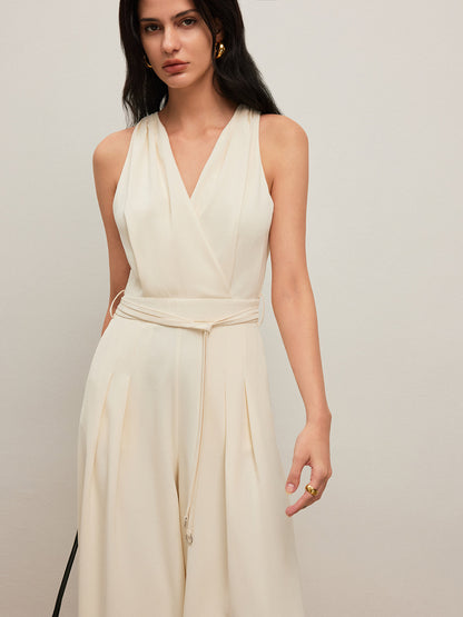 Back Button Halter Jumpsuit With Belted Waist