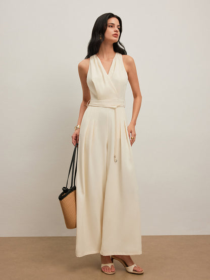 Back Button Halter Jumpsuit With Belted Waist