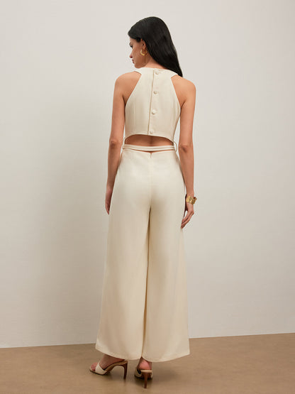 Back Button Halter Jumpsuit With Belted Waist
