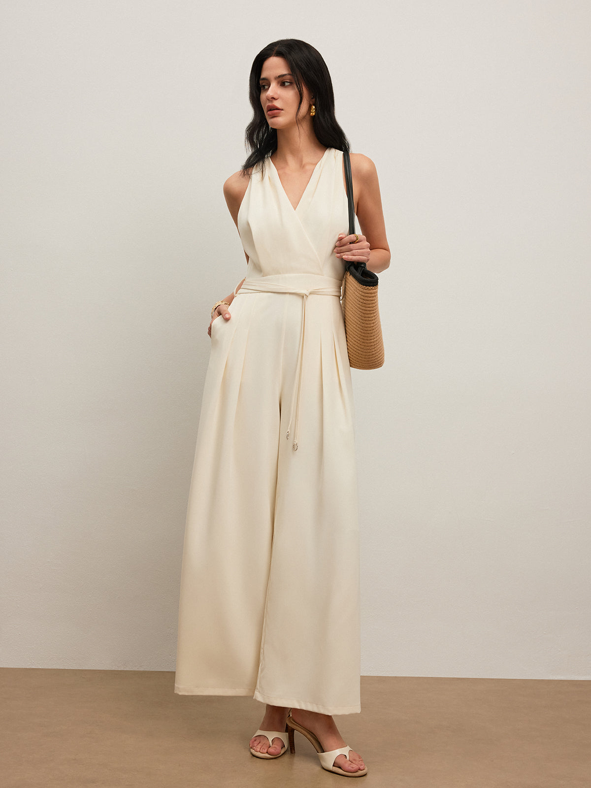 Back Button Halter Jumpsuit With Belted Waist