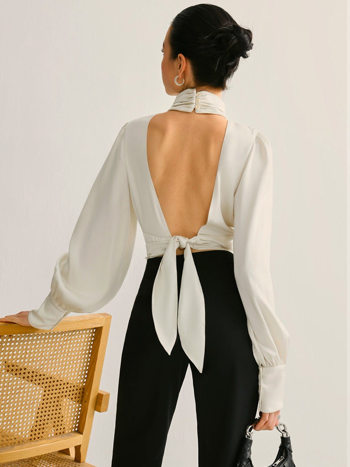 Backless Side Pleated Satin Blouse