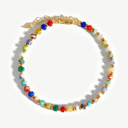 Natural Multi-Stone Beaded Bracelet – 925 Silver, 18k Yellow Gold Plated