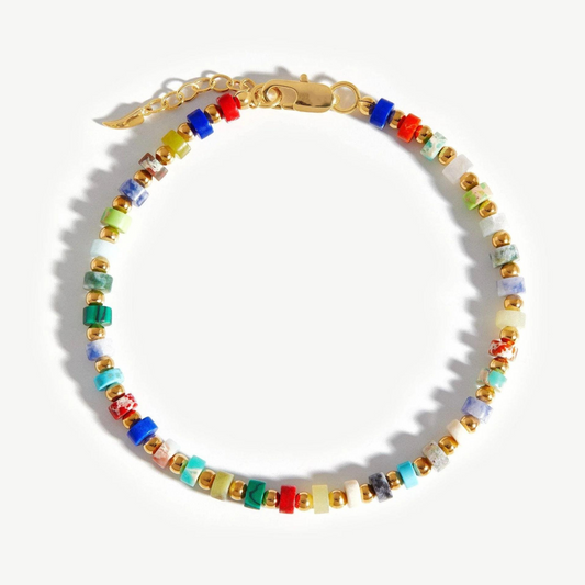 Natural Multi-Stone Beaded Bracelet – 925 Silver, 18k Yellow Gold Plated