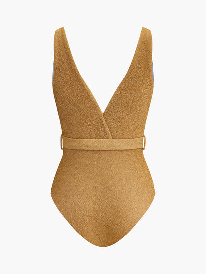 Belted V-Neck One-Piece Swimsuit