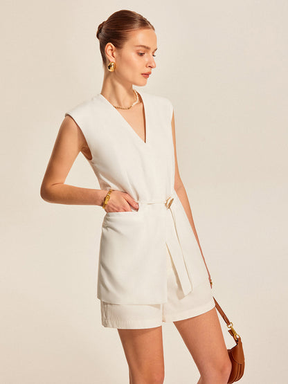 Belted V-Neck Sleeveless Vest