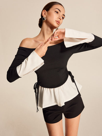 Bold Contrast Off-Shoulder Straight Neck Blouse