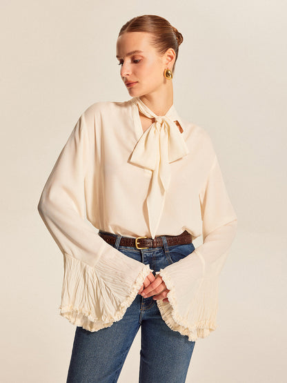Bow Tie Pleated Cuff Chiffon Blouse