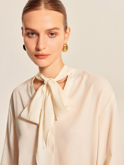 Bow Tie Pleated Cuff Chiffon Blouse