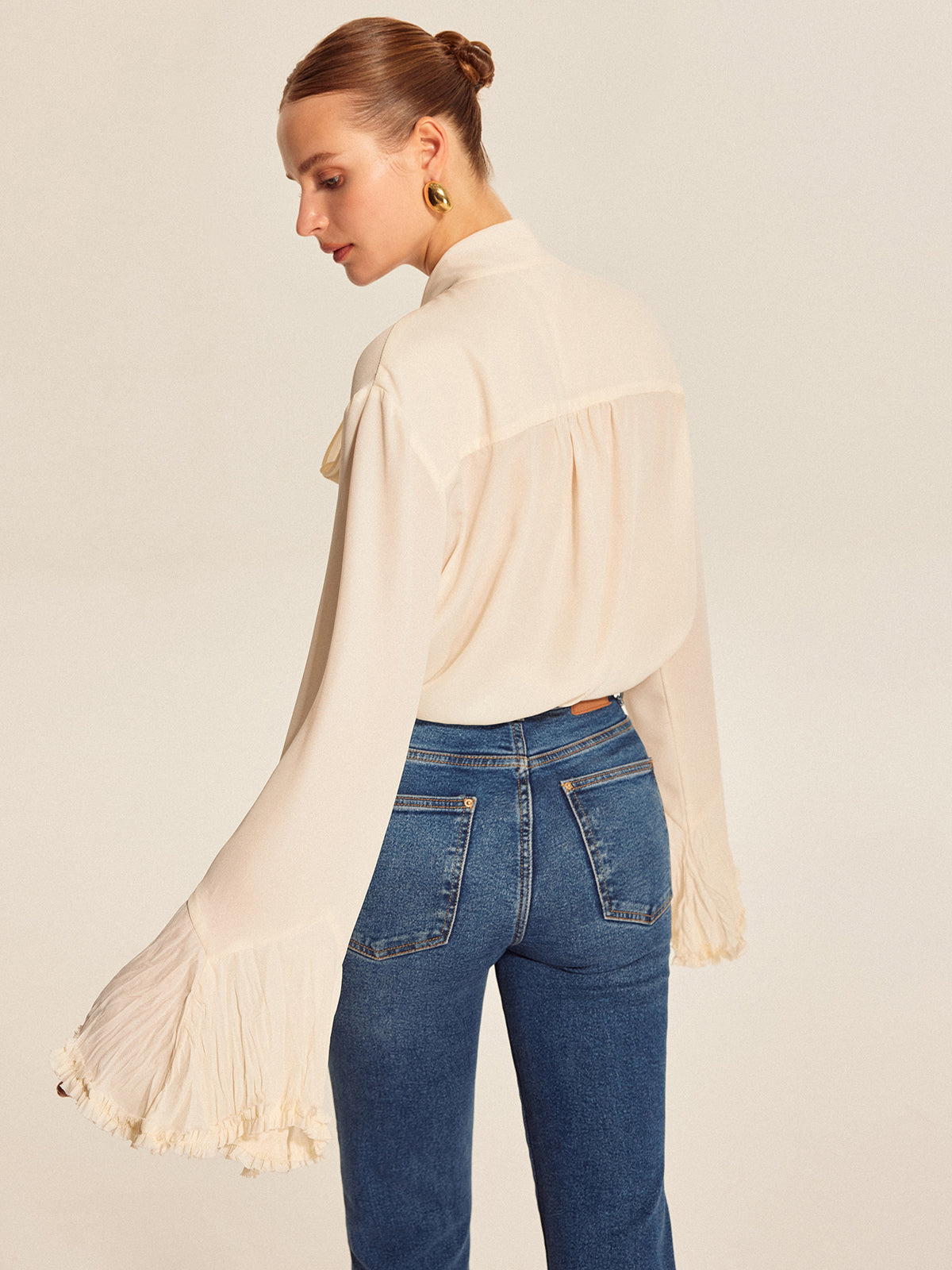 Bow Tie Pleated Cuff Chiffon Blouse