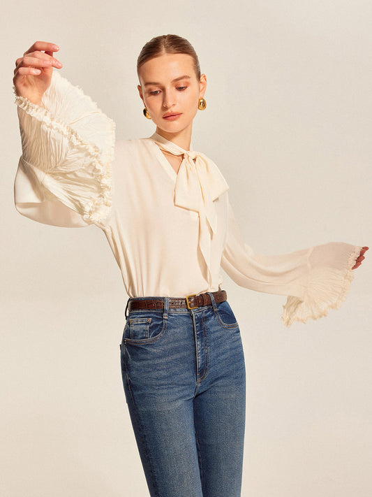 Bow Tie Pleated Cuff Chiffon Blouse