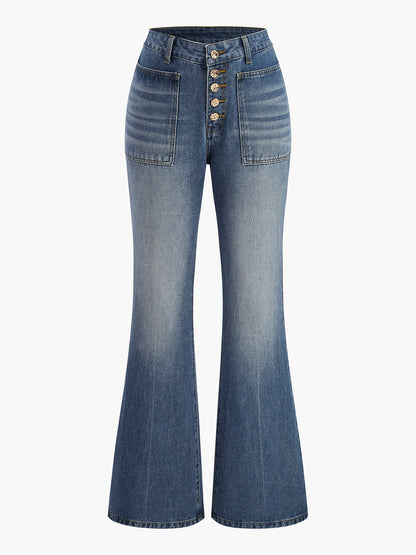 Button Detail High-Waisted Flared Denim Pants