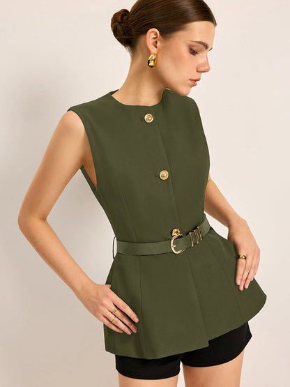 Button Detail Pockets Top With Belt