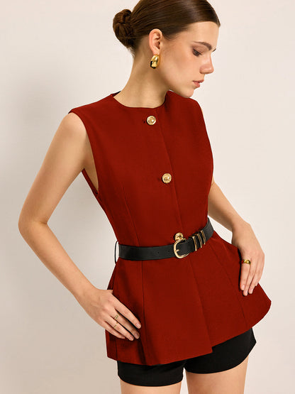 Button Detail Pockets Top With Belt