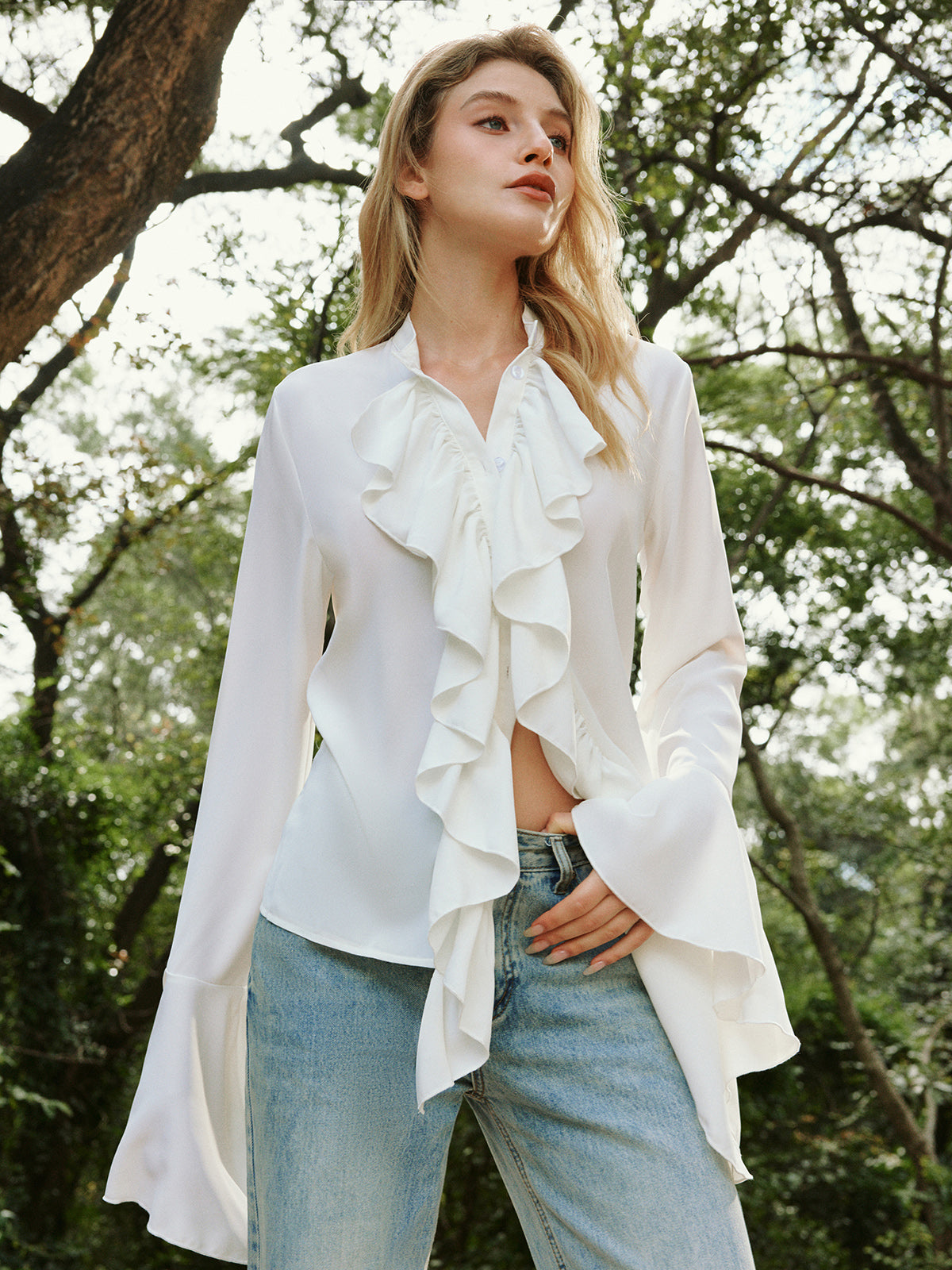 Button Ruffle Thin Blouse