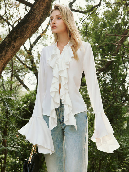 Button Ruffle Thin Blouse