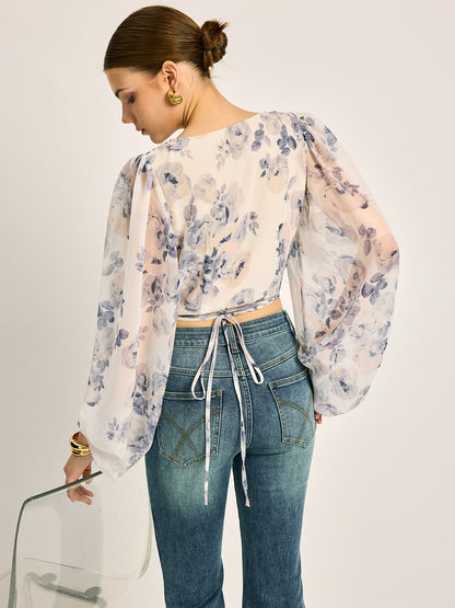Chiffon Floral V-Neck Balloon Sleeve Blouse
