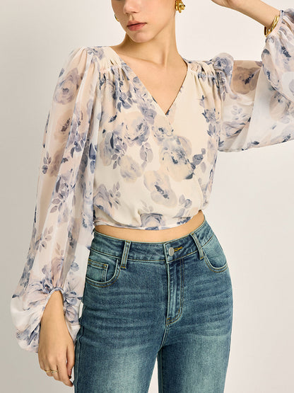 Chiffon Floral V-Neck Balloon Sleeve Blouse