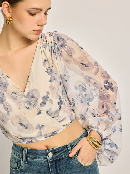 Chiffon Floral V-Neck Balloon Sleeve Blouse