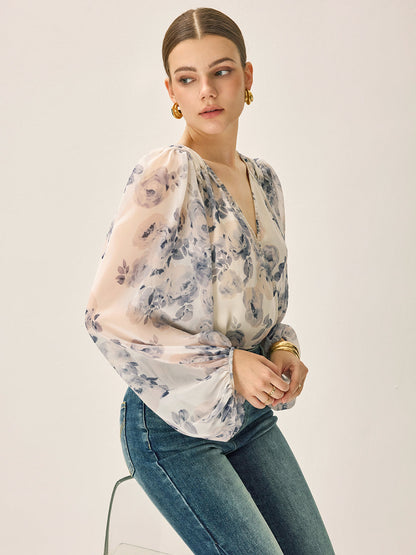 Chiffon Floral V-Neck Balloon Sleeve Blouse