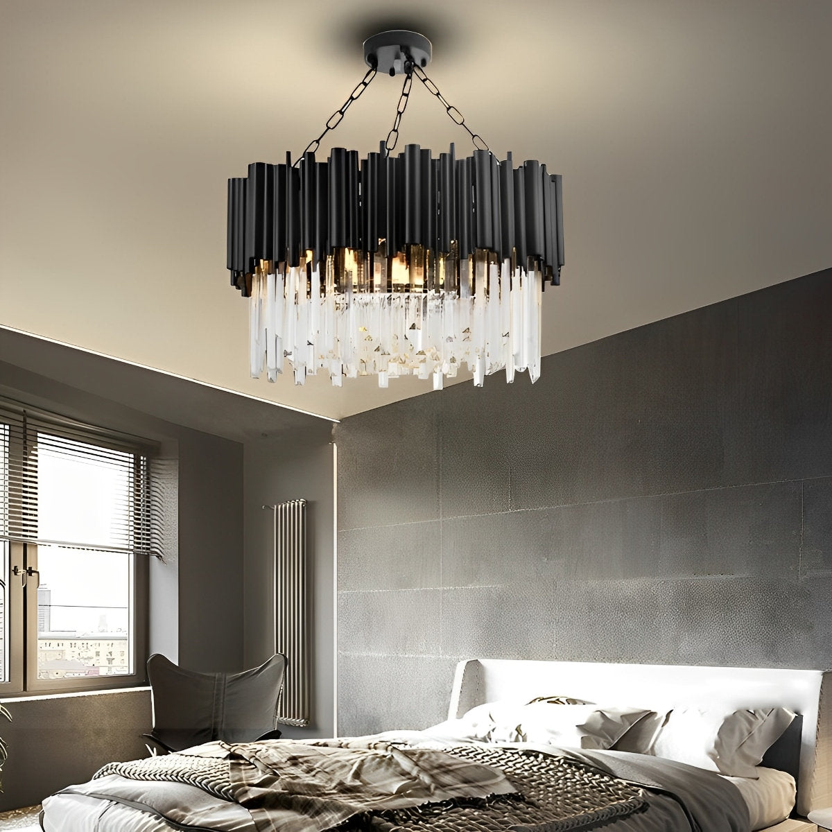 Ronde Heldere Kristal Metalen Zwarte Moderne Kroonluchter Hanglamp