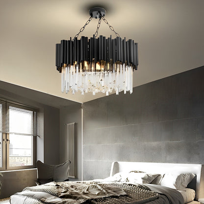 Ronde Heldere Kristal Metalen Zwarte Moderne Kroonluchter Hanglamp