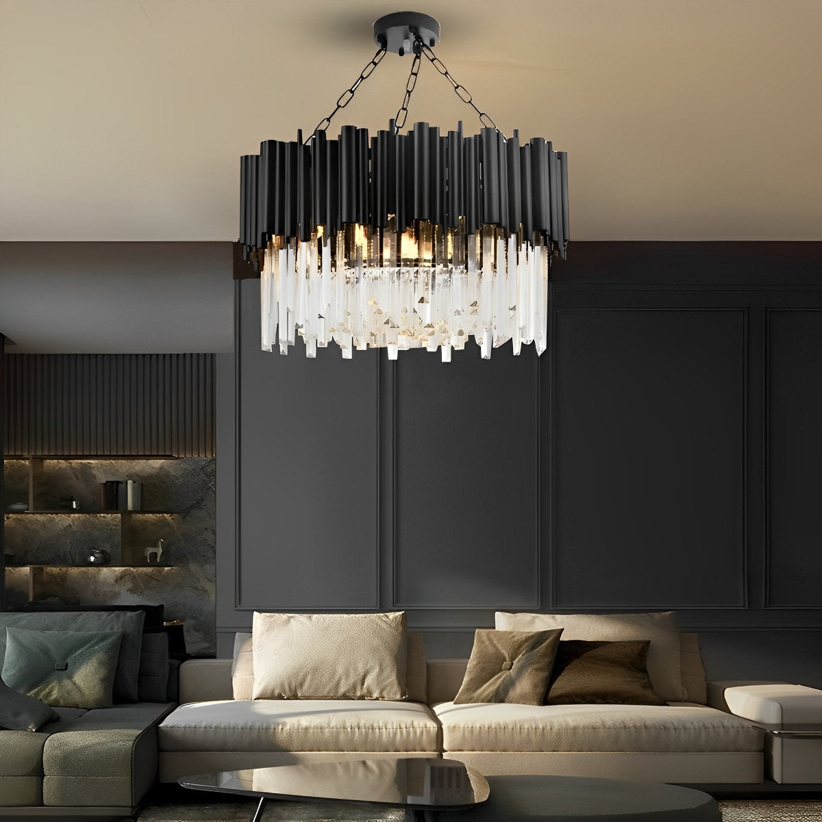 Ronde Heldere Kristal Metalen Zwarte Moderne Kroonluchter Hanglamp
