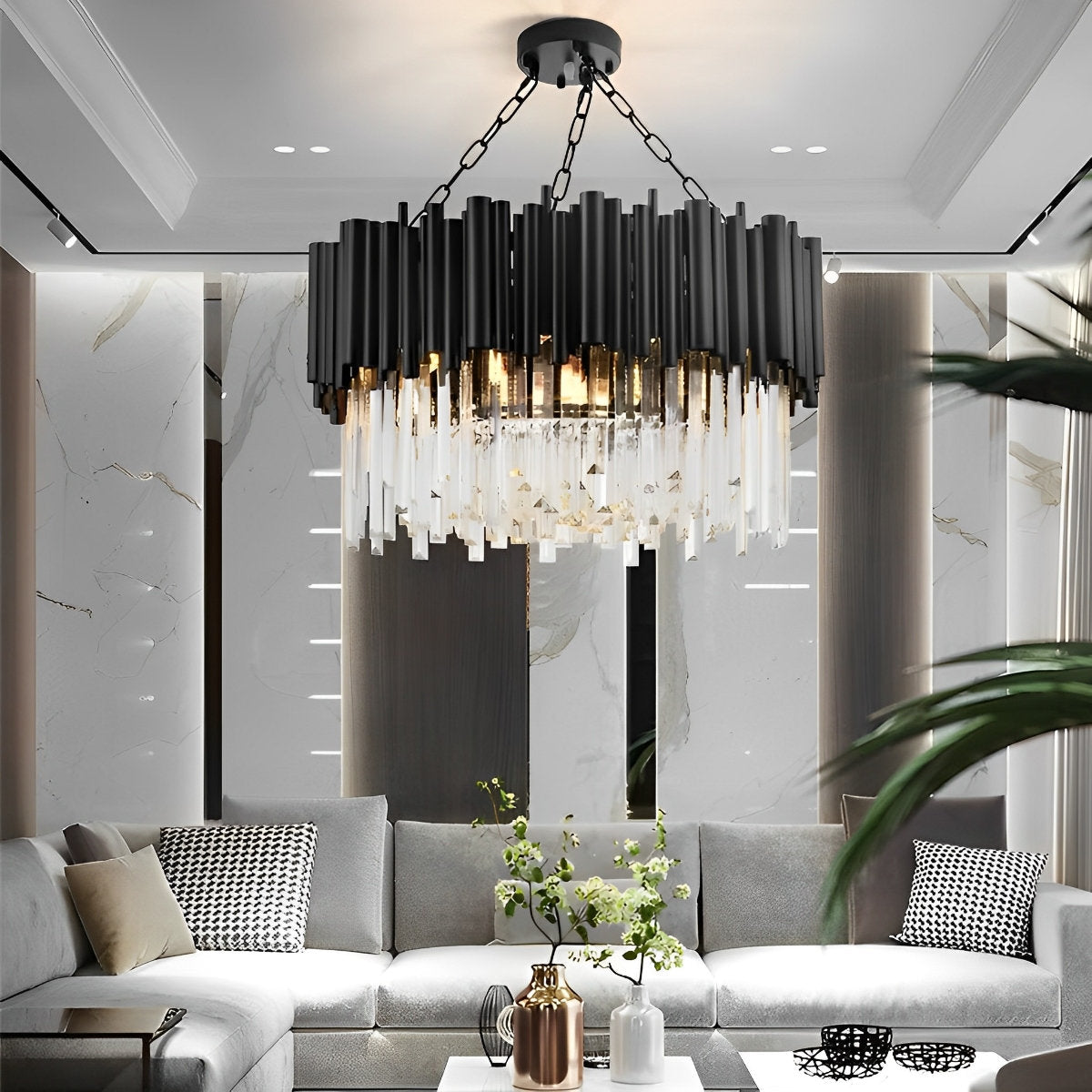 Ronde Heldere Kristal Metalen Zwarte Moderne Kroonluchter Hanglamp