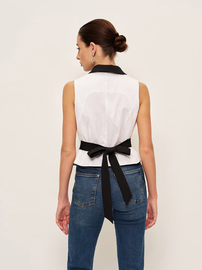 Contrast Collar Button-Up Vest With Back Bow