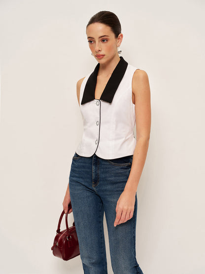 Contrast Collar Button-Up Vest With Back Bow