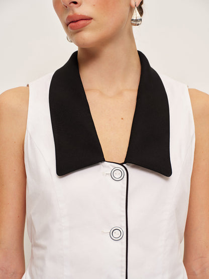 Contrast Collar Button-Up Vest With Back Bow