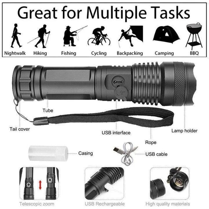 90000 Lumens XHP50.2 Tactical LED Flashlight – Ultra Bright & Rechargeable