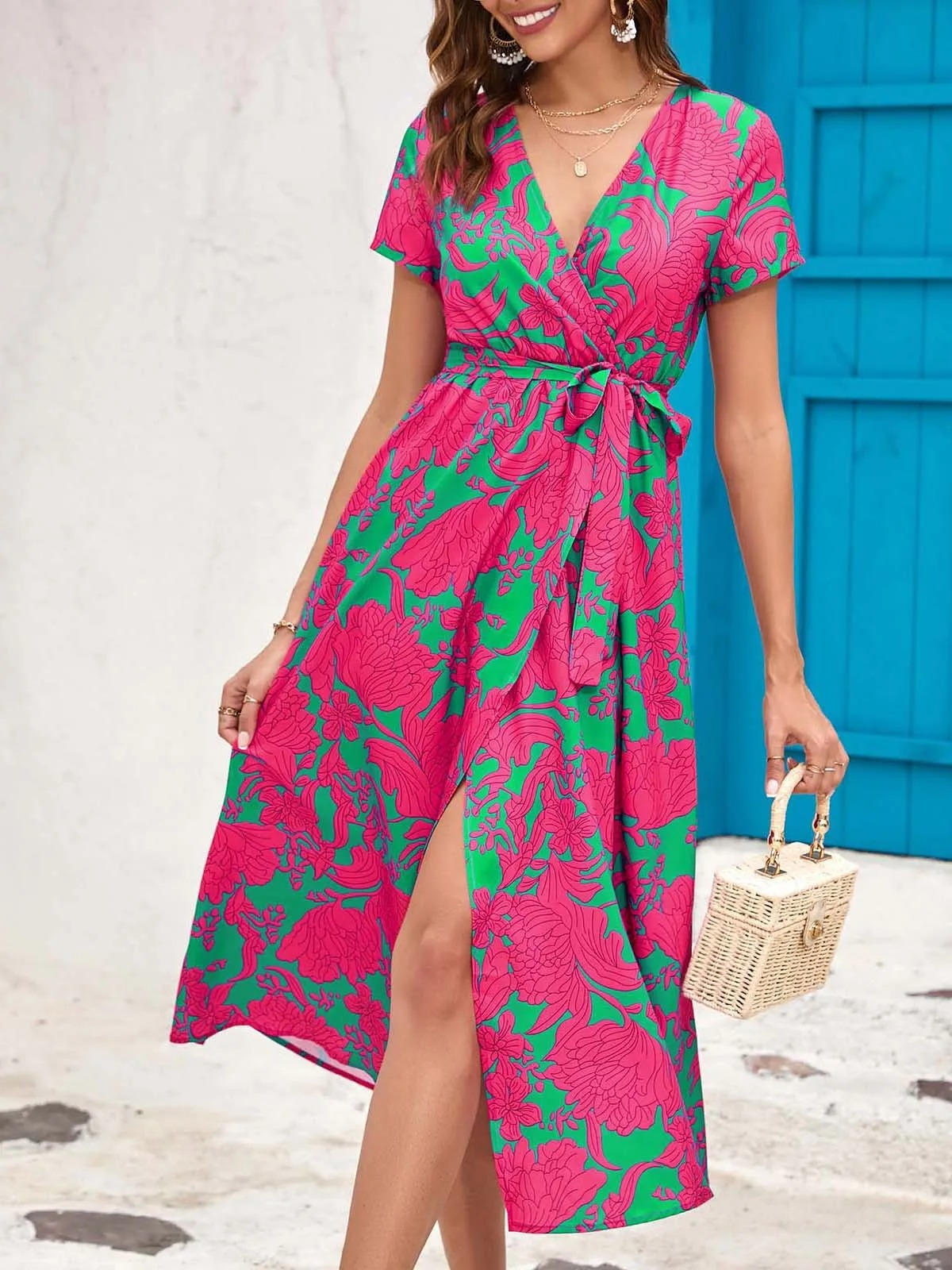 Women's Floral Wrap V-Neck Midi Dress