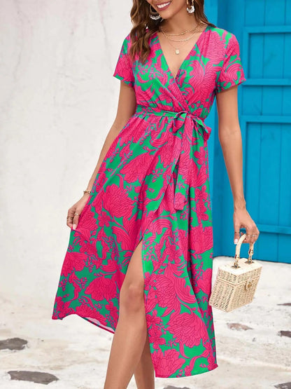 Women's Floral Wrap V-Neck Midi Dress