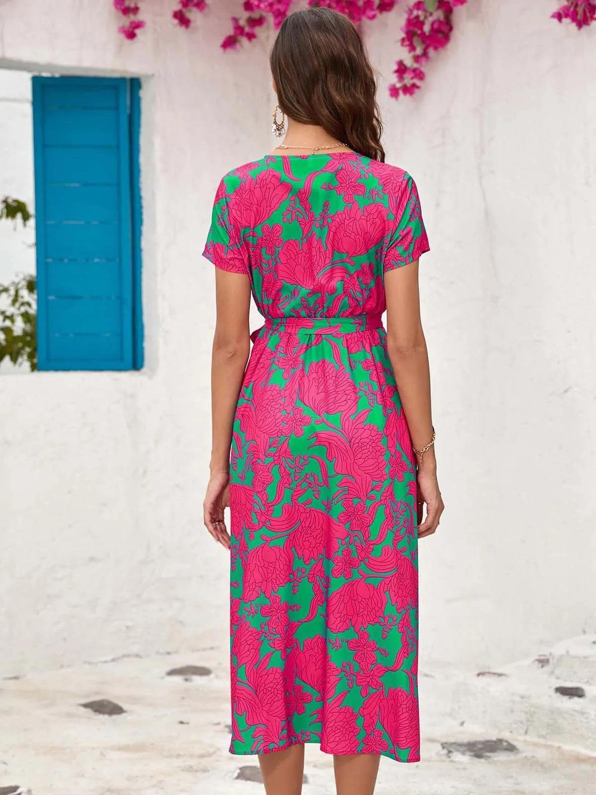 Women's Floral Wrap V-Neck Midi Dress