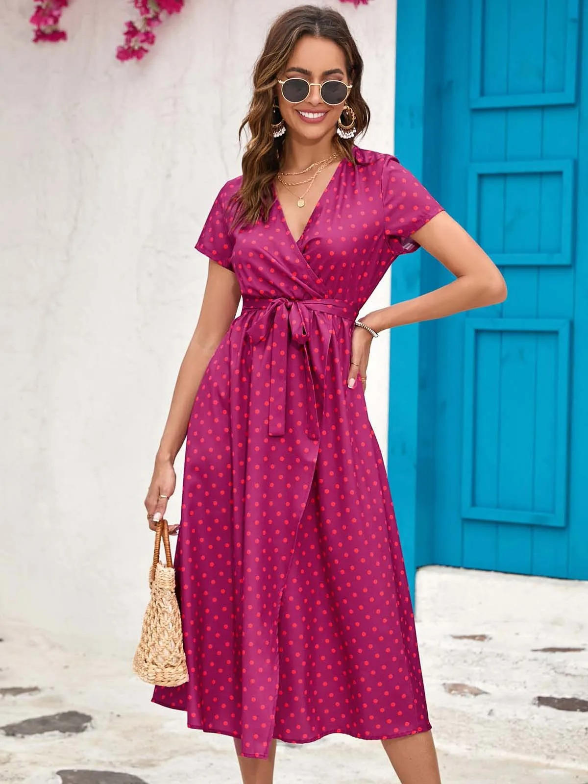 Women's Floral Wrap V-Neck Midi Dress