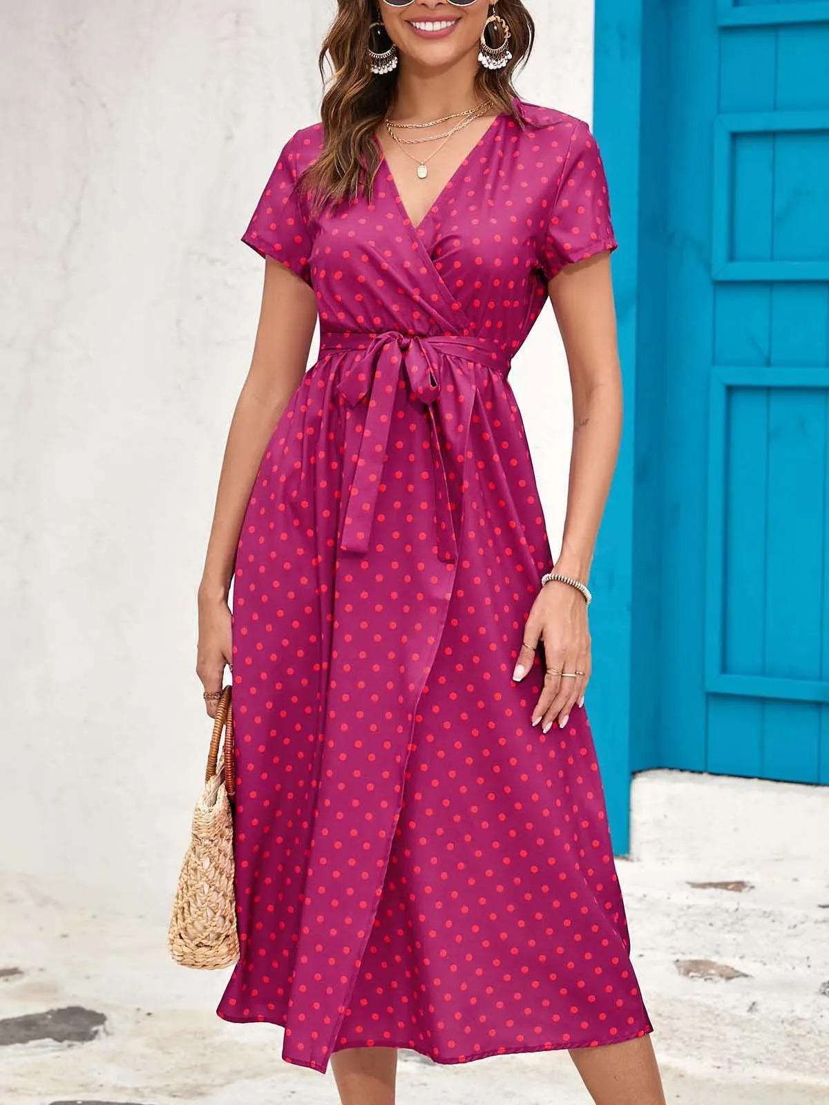 Women's Floral Wrap V-Neck Midi Dress