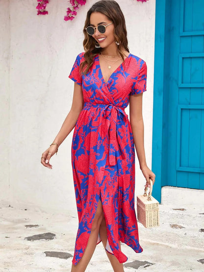 Women's Floral Wrap V-Neck Midi Dress