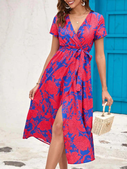 Women's Floral Wrap V-Neck Midi Dress