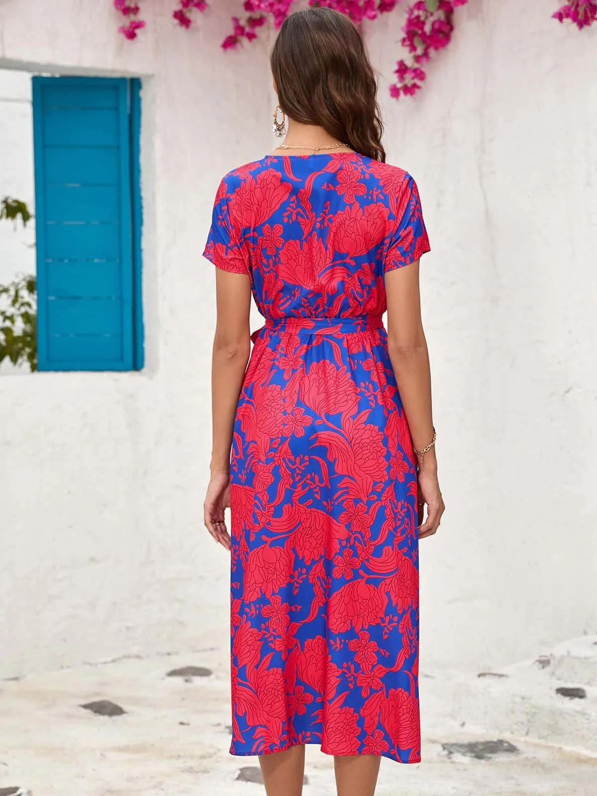 Women's Floral Wrap V-Neck Midi Dress