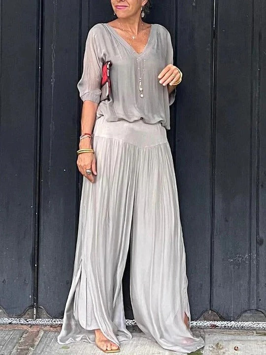 Elegant two-piece wide-leg chiffon pants