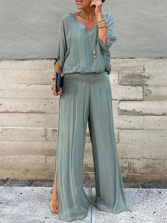 Elegant two-piece wide-leg chiffon pants