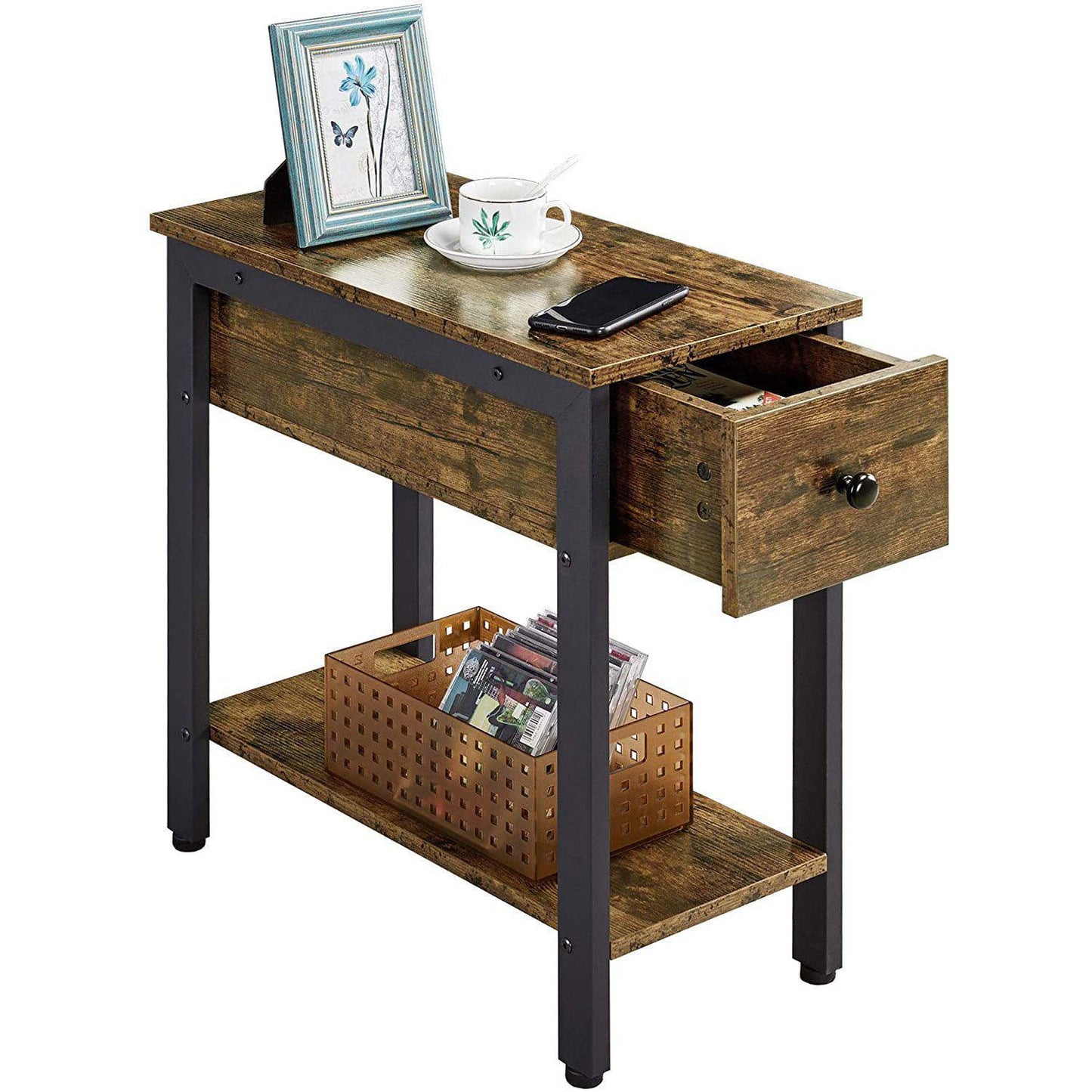 Mesa Auxiliar - Mesa Rústica de Lado - Mesa Pequeña con Cajón - Mesa de Madera con Almacenamiento - Mesa Auxiliar de Madera con Almacenamiento