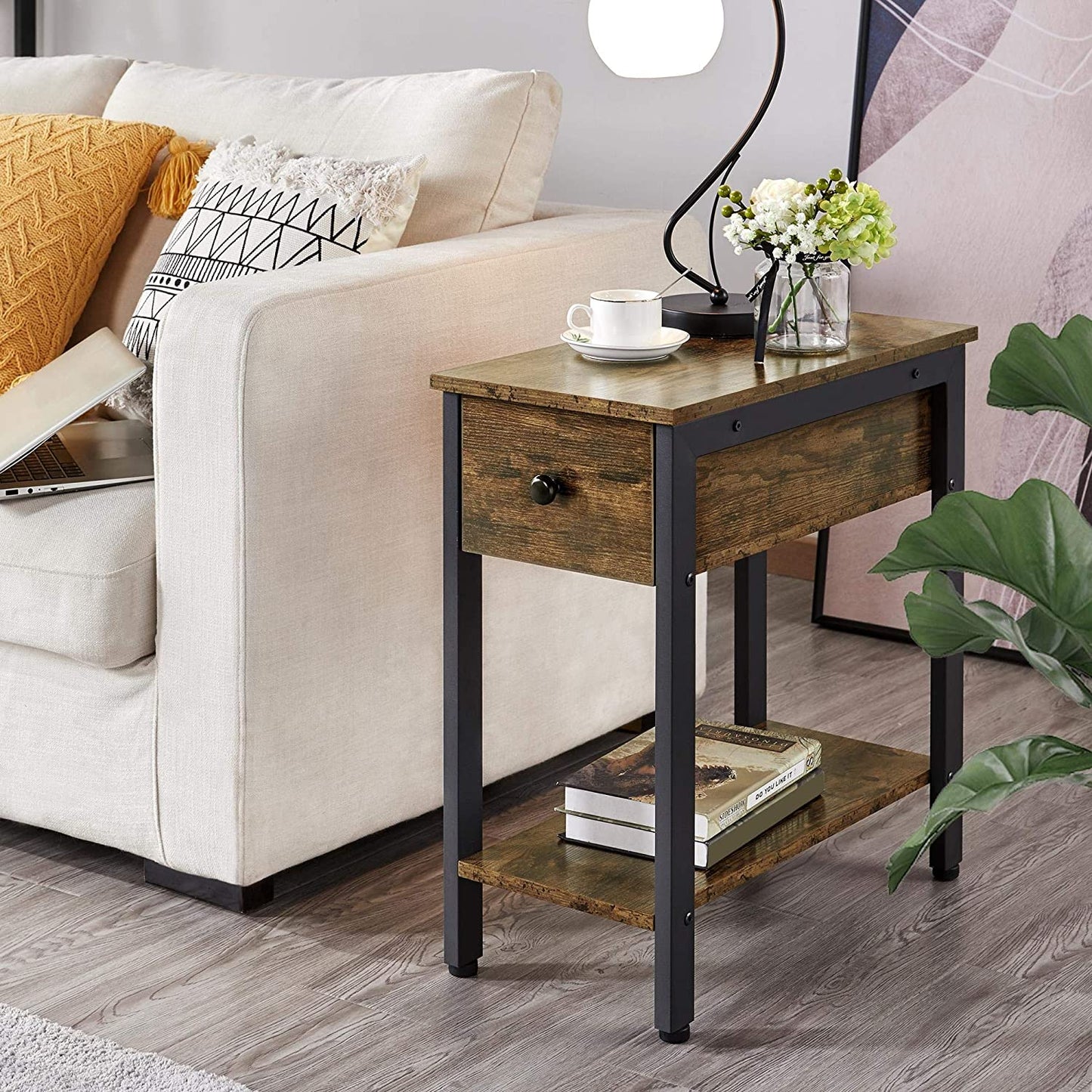 Mesa Auxiliar - Mesa Rústica de Lado - Mesa Pequeña con Cajón - Mesa de Madera con Almacenamiento - Mesa Auxiliar de Madera con Almacenamiento